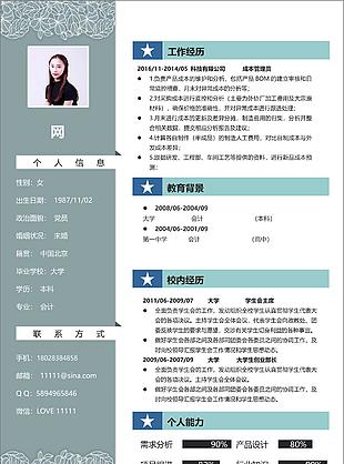 成本管理员应届毕业生个人简历范文