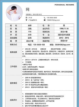 物料主管专员应届毕业生个人简历表格范文