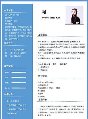 应届毕业生中文简历求职意向医药学术推广