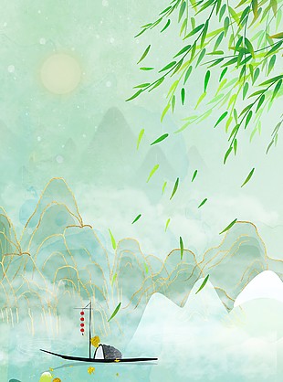 古典清新鎏金湖中泛舟背景图