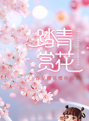 踏青赏花粉色主题趣味3d卡通海报