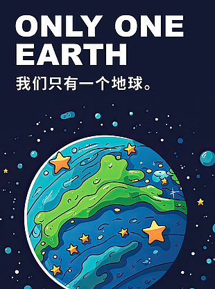 世界地球日蓝色趣味环保插画海报