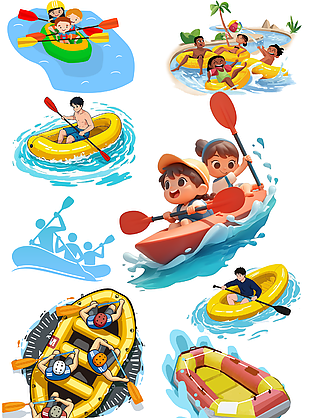 夏日皮划艇漂流主题人物运动插画