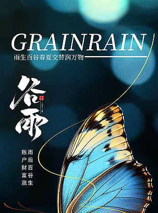 雨后百谷生传统谷雨节气蝴蝶海报