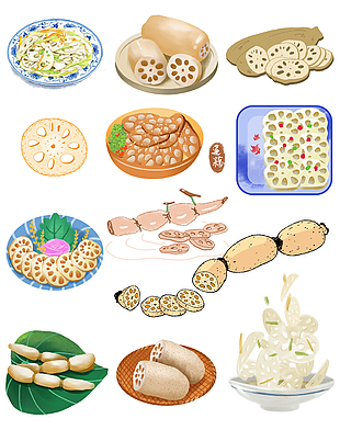 江南水乡莲藕片主题插画物料合集
