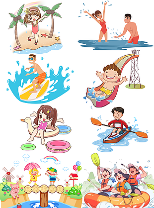 水上运动漂流冲浪卡通人物主题插画