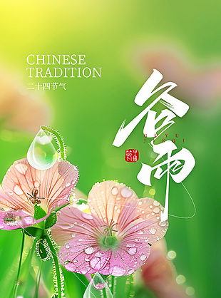 春日粉色花朵创意雨滴装饰谷雨海报