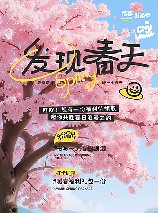 发现春天手绘樱花主题3d卡通海报