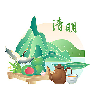 清明节绿色山川青团美食主题插画