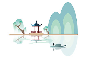 中国风简约山川湖泊绿色主题插画