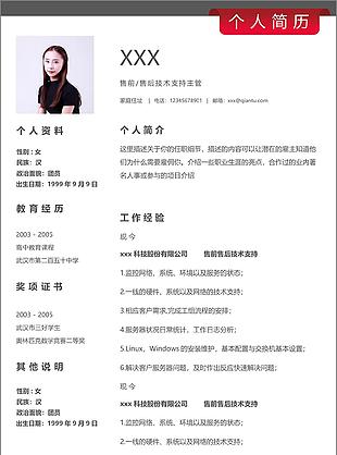 个性单页售前售后技术支持主管简历