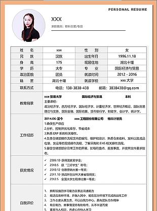 物料主管专员应届毕业生应聘简历模板