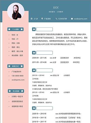 应届生工作简历模板范文求职意向小学教师