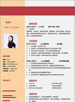 生产领班组长单页简历模板