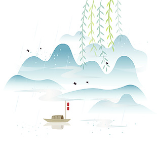 水墨中国风手绘山川湖泊主题插画