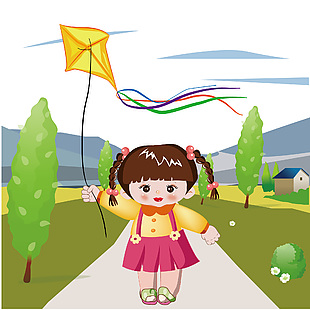 趣味卡通春日女孩放风筝主题插画