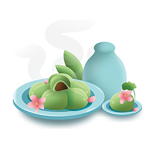 春日简约手绘青团茶壶主题卡通插画