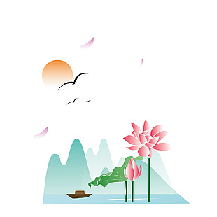 中国风手绘春日山川湖泊简约插画