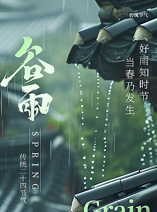 好雨知时节传统中式屋檐谷雨海报