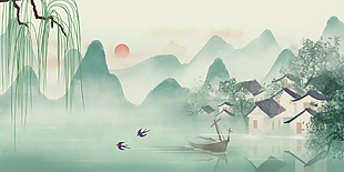 水墨晕染中国风江南水乡背景