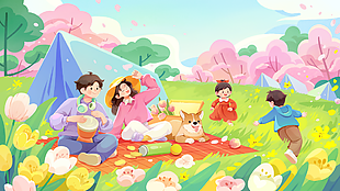 春日氛围亲子户外游生活主题插画