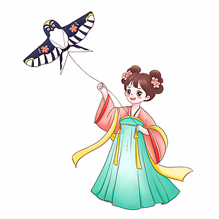手绘风古代女孩春天放风筝插画设计