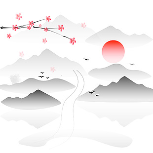 水墨风山水红日花朵装饰简约图案