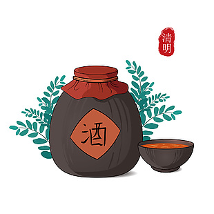 清明节手绘卡通酒坛主题图案装饰