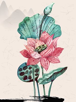 复古中国风池中荷花美景插画