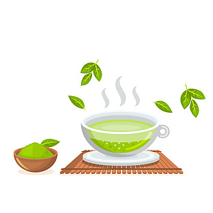 中国风手绘绿色清新茶叶茶壶装饰