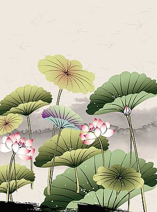 中国风水墨画池中荷花美景插画