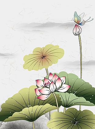 烟雨蒙蒙池中荷花美景插画