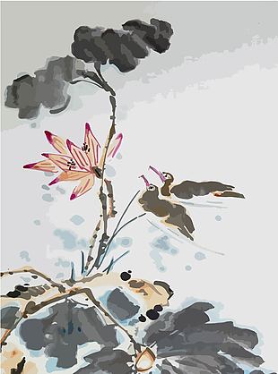 水墨风中国画池中荷花插画