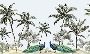 孔雀背景热带风景插画