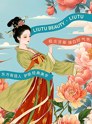 清透补水顷刻嫩肤国潮手绘护肤海报