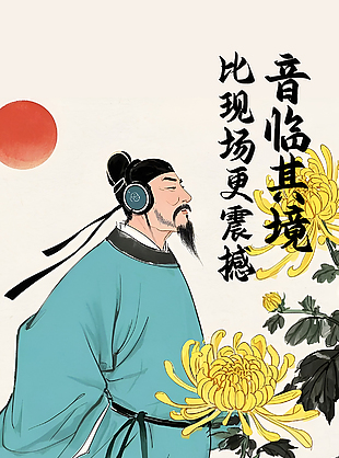 音临其境立体蓝牙耳机手绘国风海报