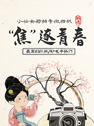 焦逐青春水墨手绘照相机宣传海报