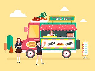 可爱韩国料理美食餐车插画