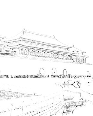 简约大气黑白手绘宫廷建筑线条画