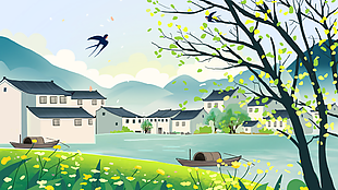 手绘江南水乡徽派建筑卡通风景插画