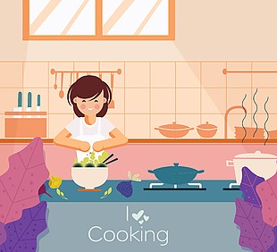 可爱少女烹饪美食场景插画