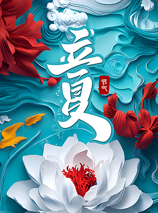 国潮手绘立夏蓝色质感荷花主题海报