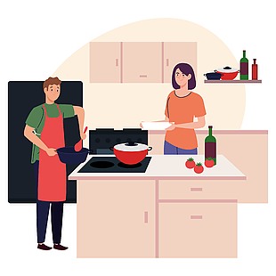 夫妻居家做饭日常生活插画
