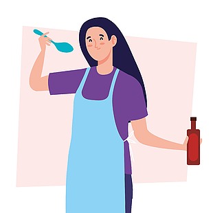 卡通可爱居家女性做饭插画