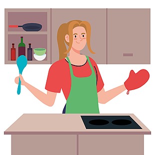 可爱卡通女性居家做饭人物插画