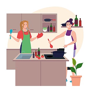 女性厨房烹饪场景插画