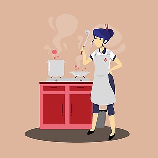 可爱女孩居家做饭场景插画