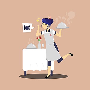 可爱女孩西餐食物准备插画