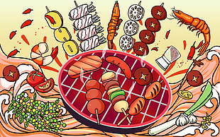 经典国潮手绘串串烧烤创意美食插画