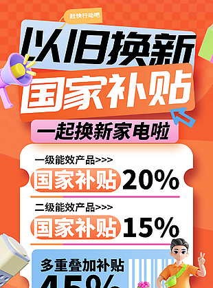 以旧换新国家补贴橙色立体卡通海报